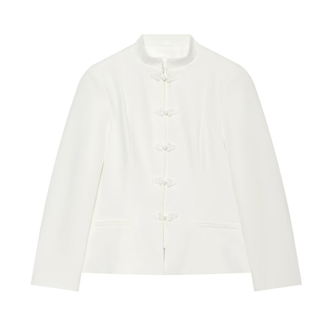 Damen Kurzjacke im Mandarin-Stil mit traditionellen Kordelknöpfen und schmaler Silhouette Echoarchiv