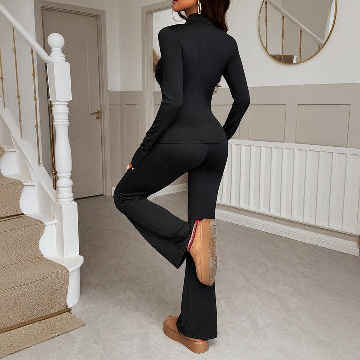 Damen figurbetontes Stretch-Joggingset mit taillierter Reißverschluss-Jacke und ausgestellter Schlaghose – Élanora