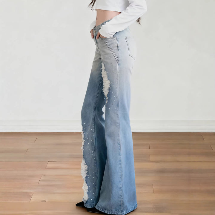 Damen Weite Schlagjeans mit hoher Taille, ausgefransten Rissen und Perlenapplikation Echo Archiv
