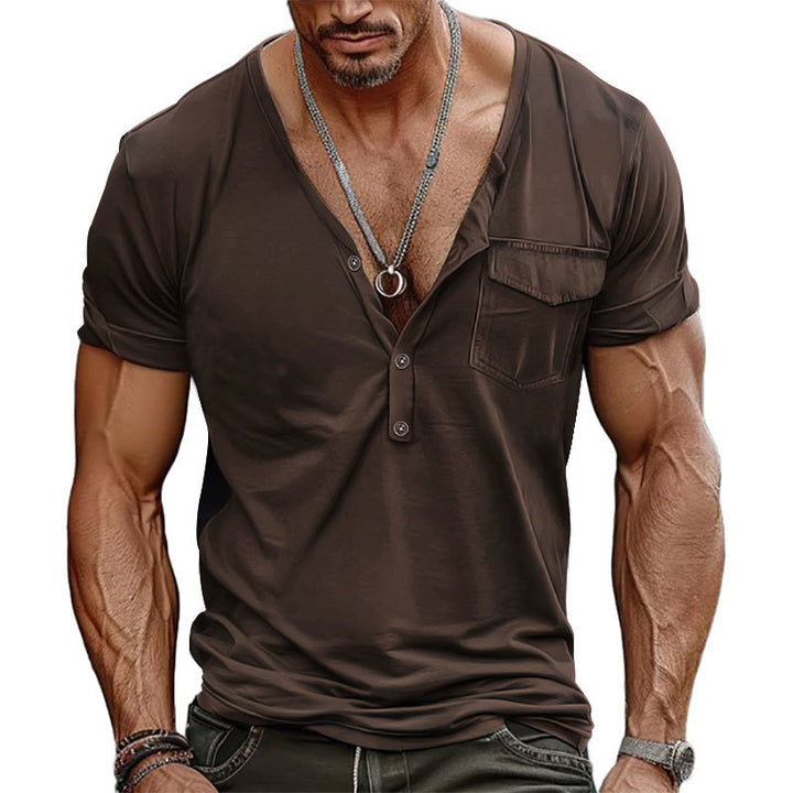 Herren V-Ausschnitt Henley-T-Shirt mit Brusttasche und atmungsaktiver Baumwolle Echoarchiv