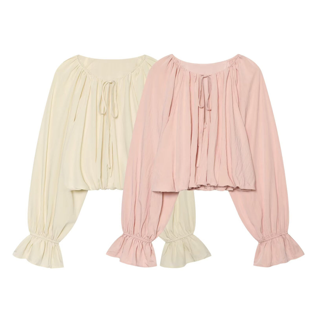Damen Kurze Bluse im Boho‑Stil mit Tunnelzug, Volantärmeln und gerafftem Saum Echo Archiv
