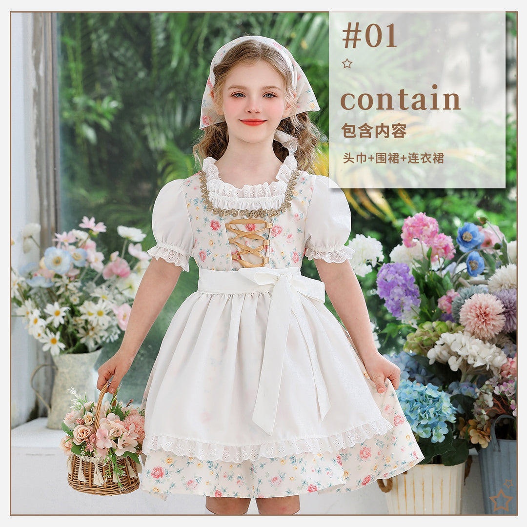 Damen nan traditionelles Dirndlkleid für Mädchen mit bestickter Schürze, Rüschenkragen und passendem Kopftuch Echo Archiv