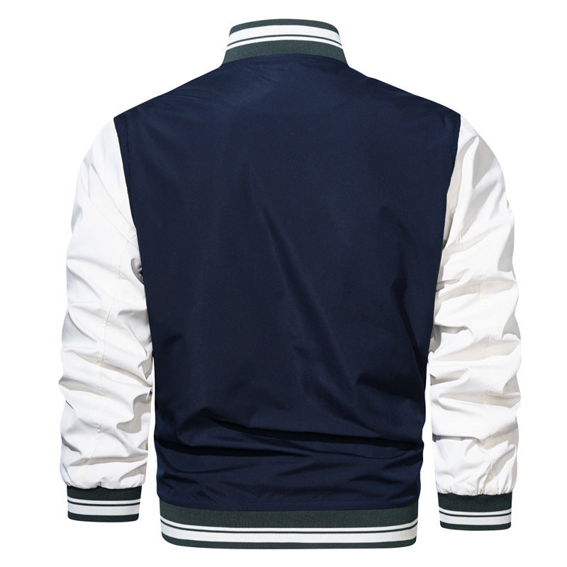 Herren College-Bomberjacke im Varsity-Stil mit Kontrastärmeln, Druckknopf‑Front und gerippten Bündchen – Brevano