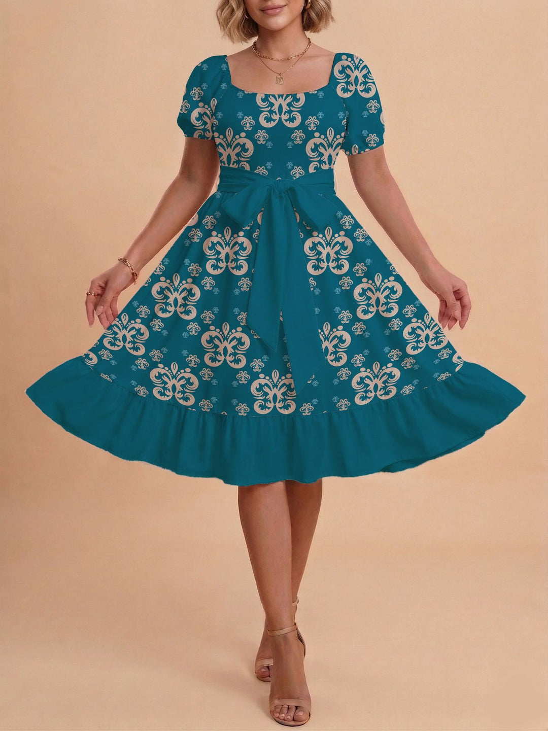 Damen Midikleid mit verspieltem Druck und tailliertem Schnitt Echo Archiv