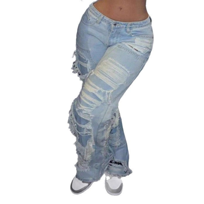 Damen Baggy-Denimhose mit extragroßen Destroyed‑Cutouts und weitem Bein Echo Archiv
