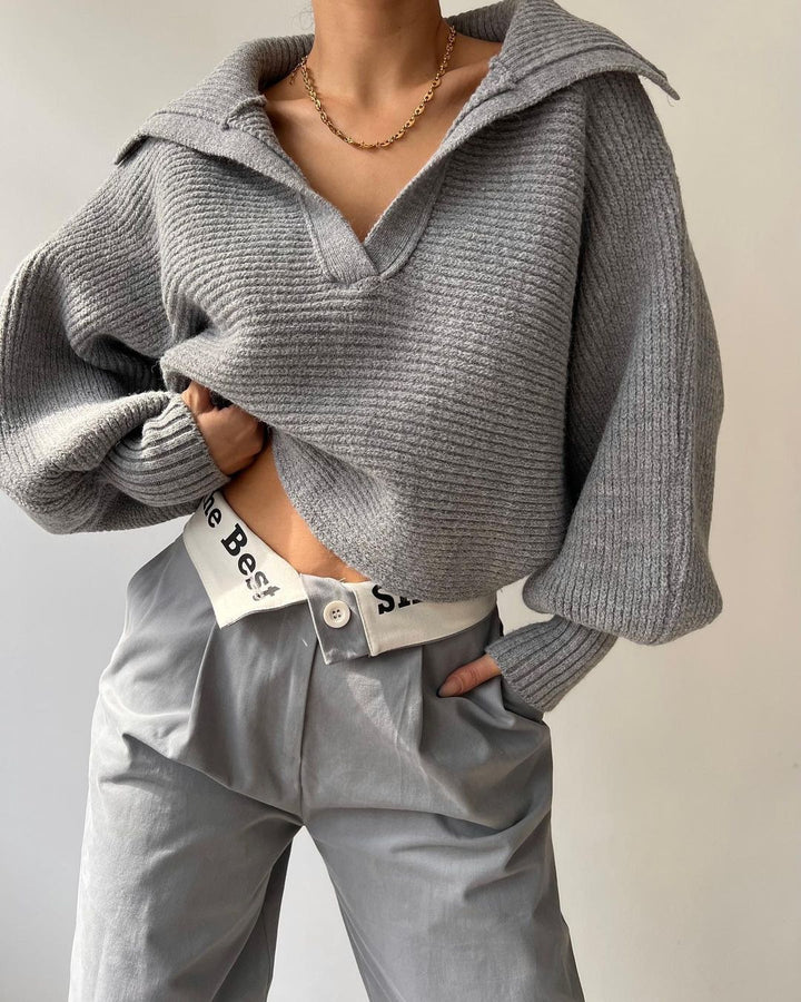 Damen Oversize Rippsweater mit Reverskragen und tiefem V‑Ausschnitt Echoarchiv
