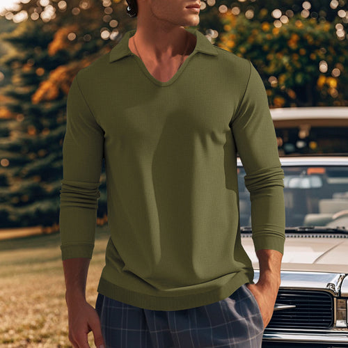 Herren lässiges Langarm-Shirt mit V-Ausschnitt und strukturiertem Gewebe Echoarchiv