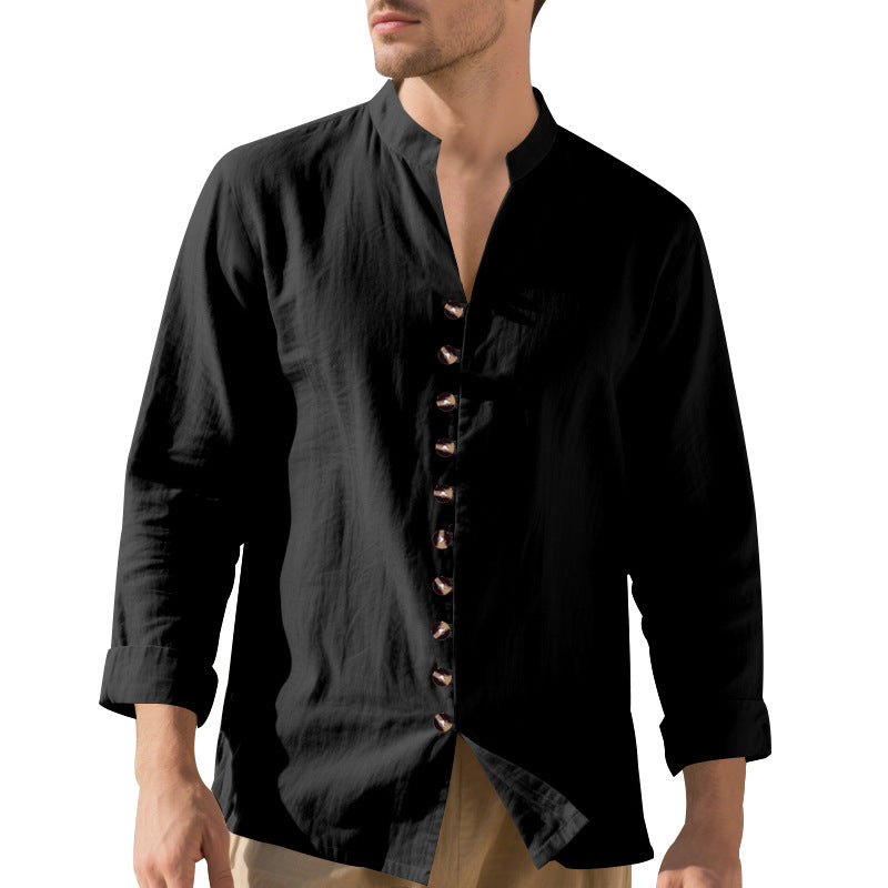 Herren lässiges Langarmhemd mit elegantem Stehkragen und schicken Knopfdetails Echoarchiv