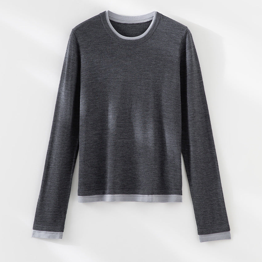 Damen Leichter Feinstrick-Langarmpullover mit Kontrastbündchen und Rundhalsausschnitt Echoarchiv