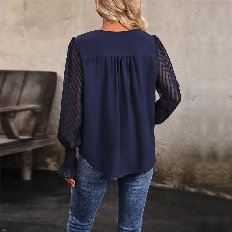 Damen Lockeres V-Ausschnitt-Chiffonblusenshirt mit transparenten Ballonärmeln und Smokbündchen Echoarchiv