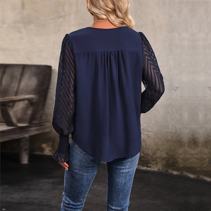 Damen Lockeres V-Ausschnitt-Chiffonblusenshirt mit transparenten Ballonärmeln und Smokbündchen Echoarchiv
