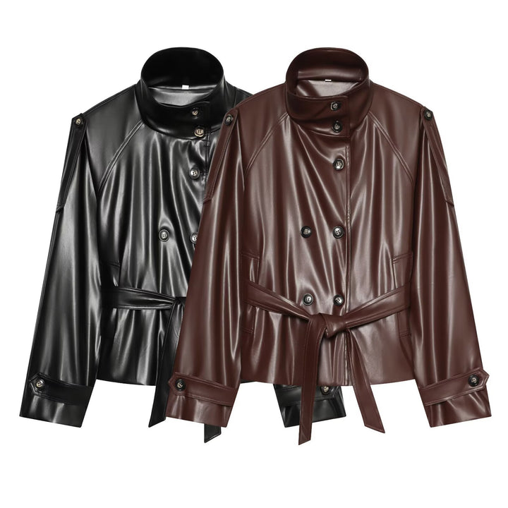 Damen Kurzer Trench‑Blouson in Lederoptik mit Taillengürtel, hohem Stehkragen und doppelter Knopfleiste Echo Archiv