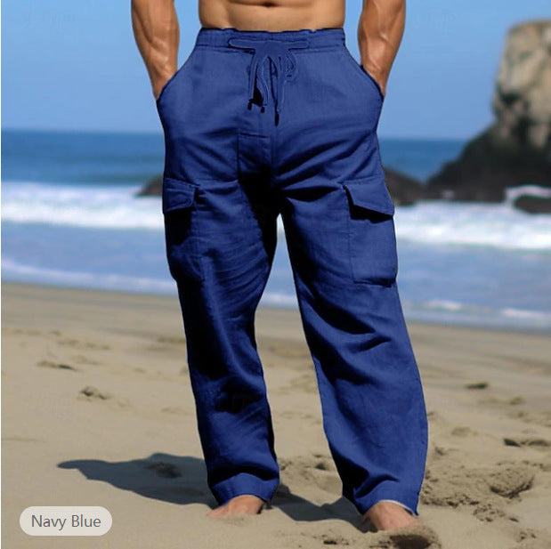 Herren weite Freizeit-Cargohose aus Leinenmix mit Tunnelzugbund, aufgesetzten Klappentaschen und entspanntem Strandfit – Bravaro
