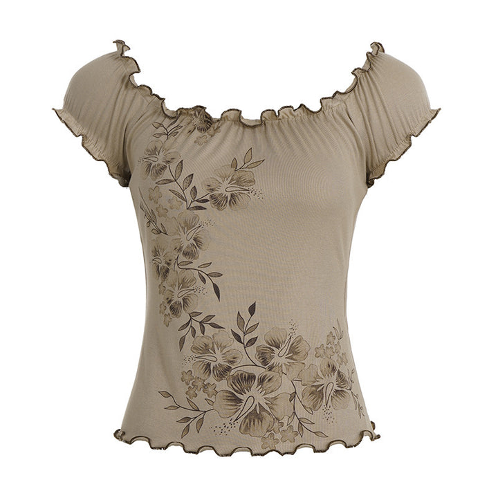 Damen Spitzenhaftes Oberteil mit floralen Details und Rüschensaum Echo Archiv