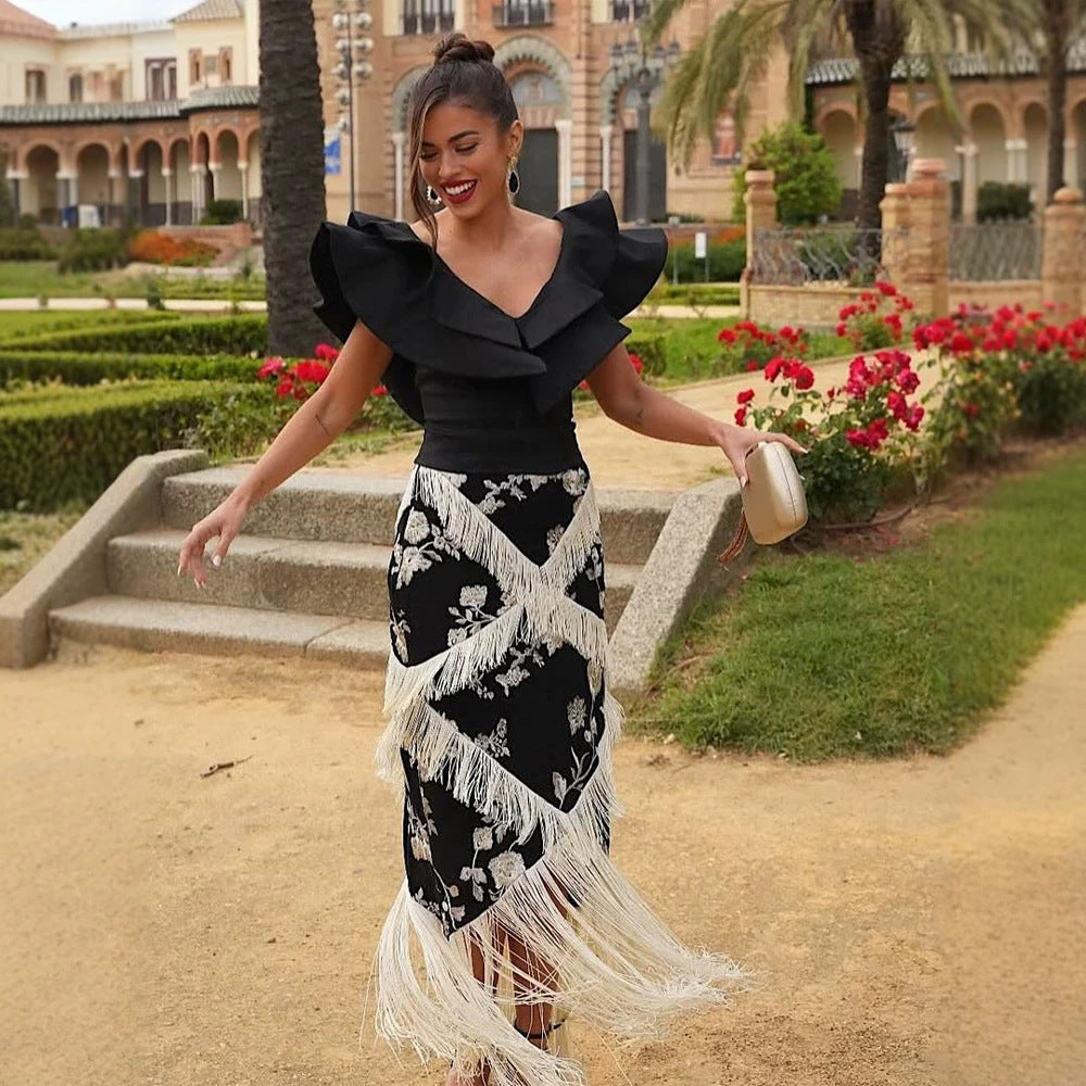 Damen Maxirock mit floralem Print & mehrlagigen Fransen-Details Echoarchiv