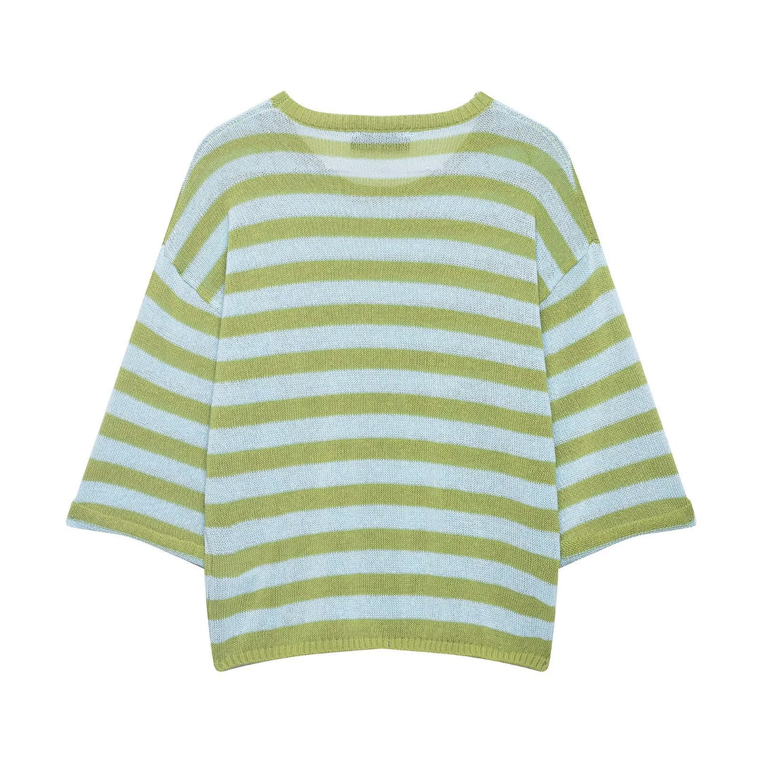 Damen Leichter gestreifter Boxy-Kurzpullover mit überschnittenen Ärmeln Echo Archiv