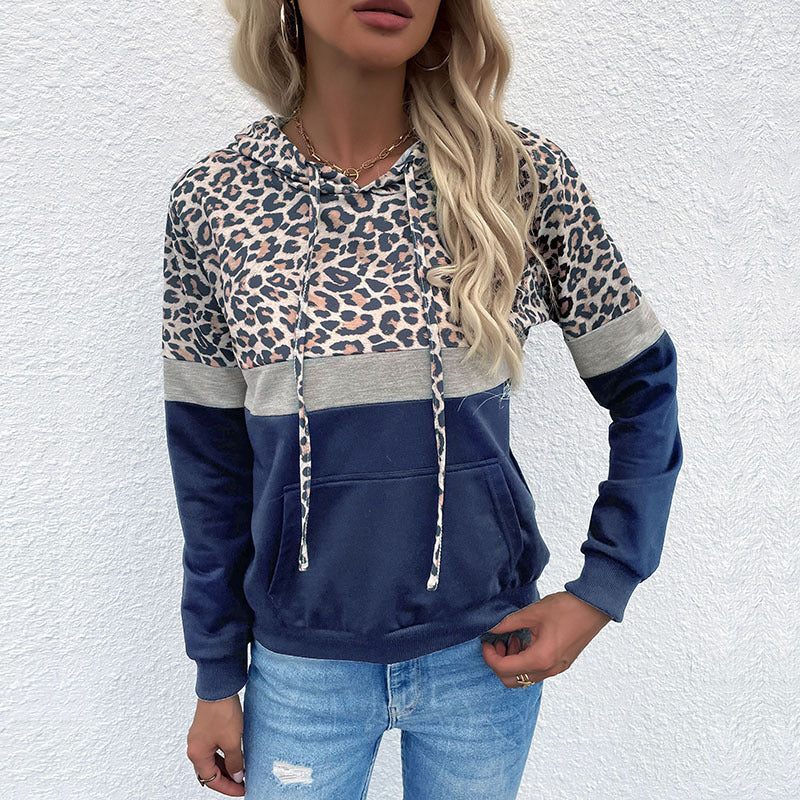 Damen Kapuzenpullover im Blockdesign mit Leopardenmuster, Kängurutasche und Tunnelzug Echoarchiv