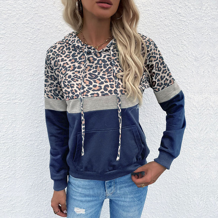 Damen Kapuzenpullover im Blockdesign mit Leopardenmuster, Kängurutasche und Tunnelzug Echoarchiv