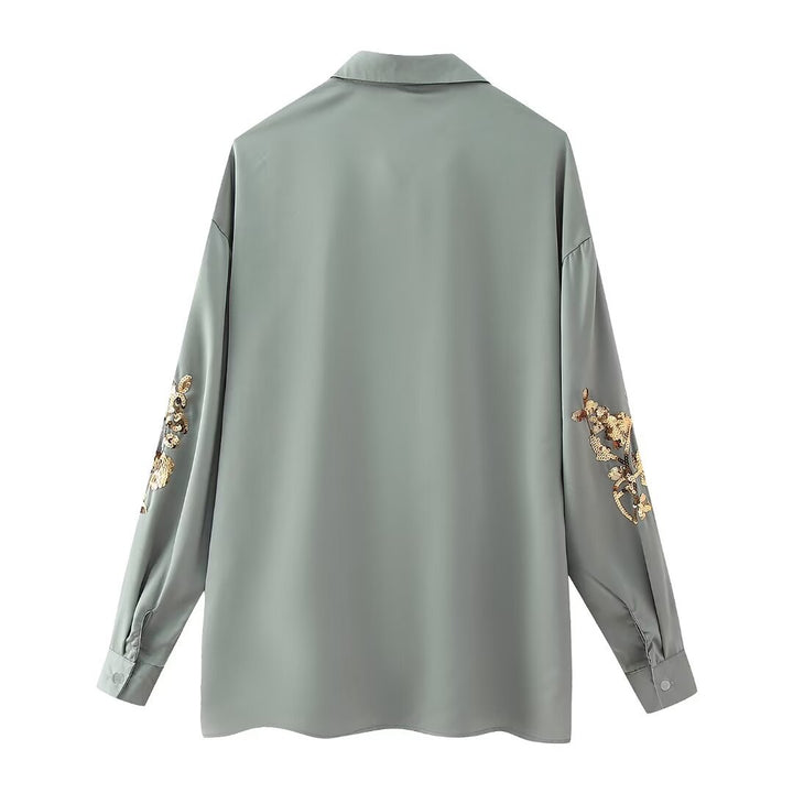 Damen weite Satinhose mit elastischem Bund und goldenen Paillettenblüten – Avélisse