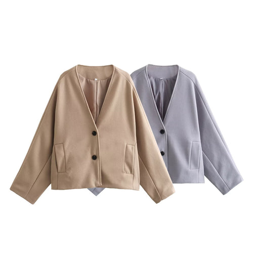 Damen Kurzjacke im Boxy‑Cut mit V‑Ausschnitt und Wollmix Echo Archiv