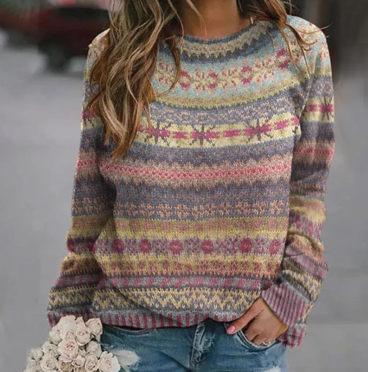 Damen gemusterter Strickpullover mit Rundhalsausschnitt, Fair Isle Muster und lässigem Oversized-Schnitt Echoarchiv