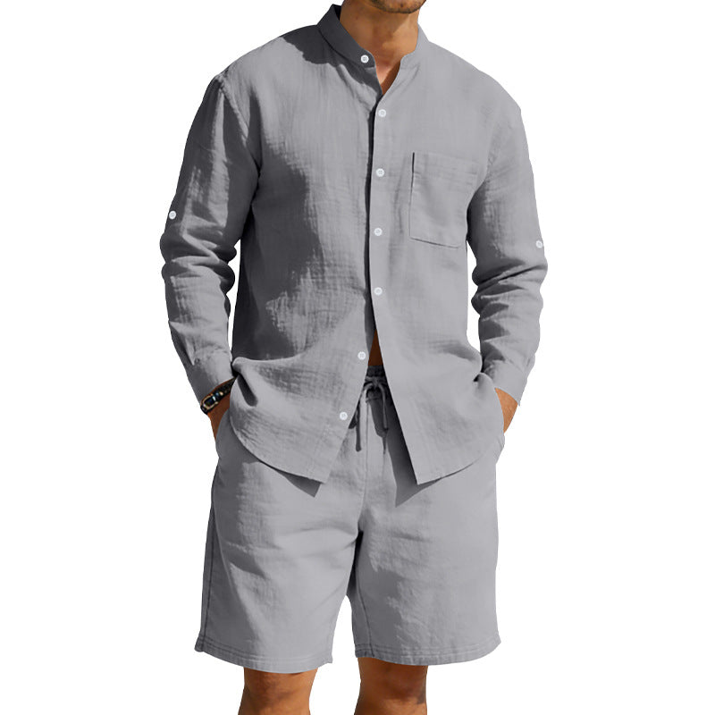 Herren nan sommerliches Leinen-Set mit Stehkragenhemd und Kordelzug-Kurzhose Echo Archiv