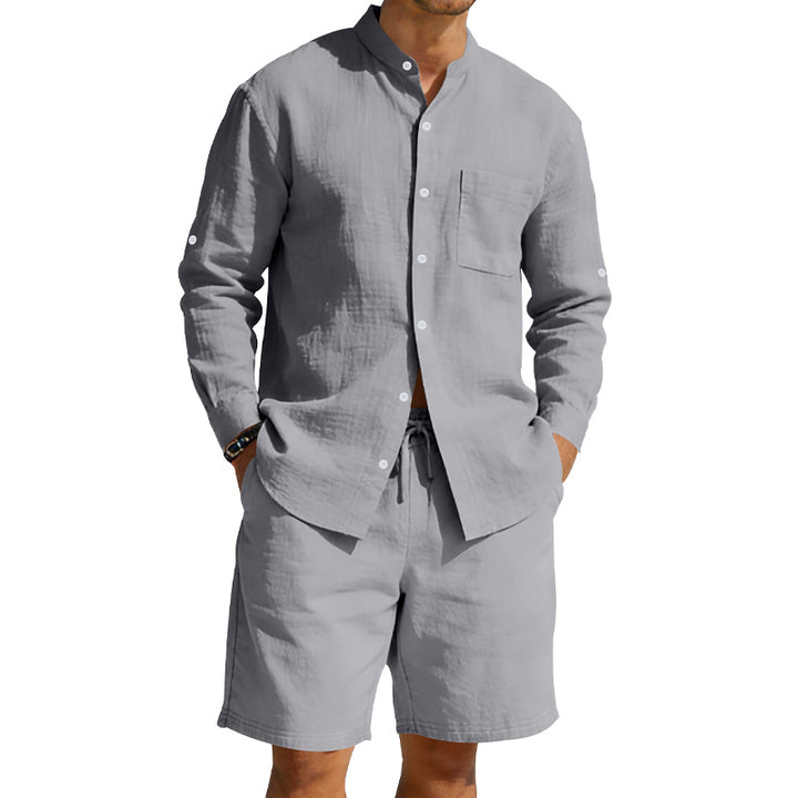 Herren nan sommerliches Leinen-Set mit Stehkragenhemd und Kordelzug-Kurzhose Echo Archiv