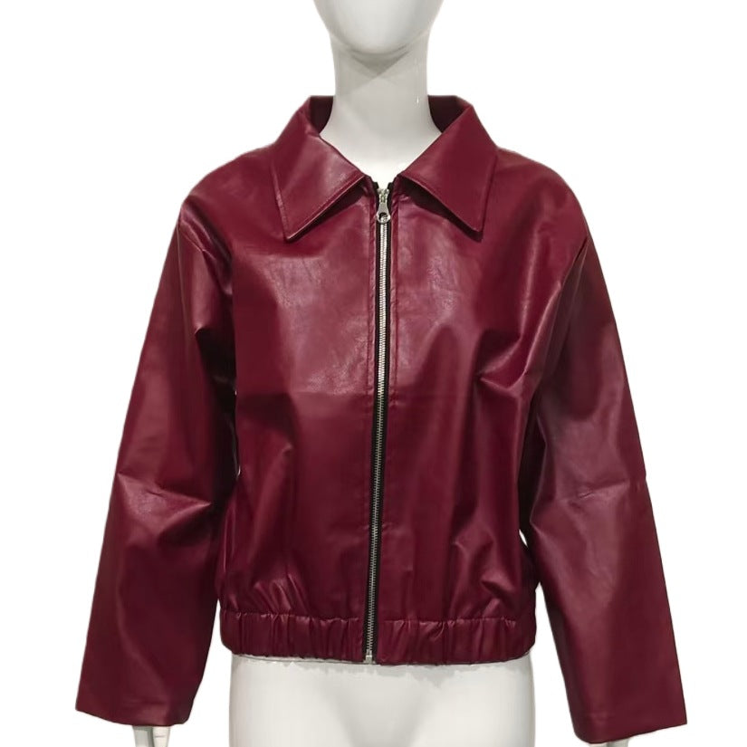 Damen Taillierte Kunstleder-Blousonjacke mit Hemdkragen, Reißverschluss und Gummizugsaum – Célinea