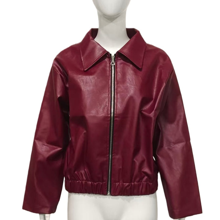 Damen Taillierte Kunstleder-Blousonjacke mit Hemdkragen, Reißverschluss und Gummizugsaum – Célinea