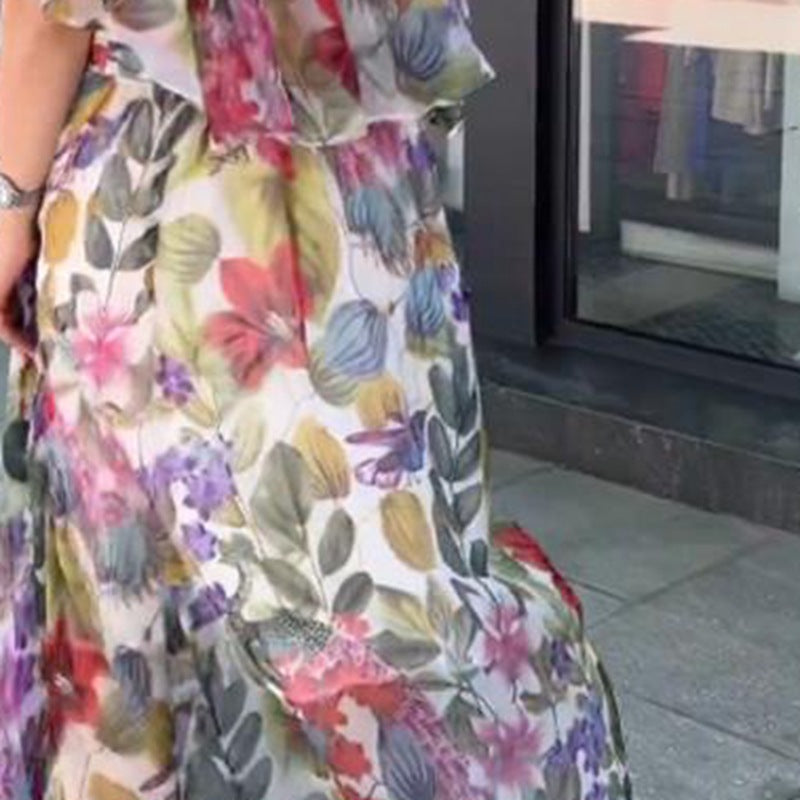 Damen nan luftiges Chiffon-Maxikleid mit floralem Print, gerafftem Rundhalsausschnitt und elastischem Taillenband Echo Archiv