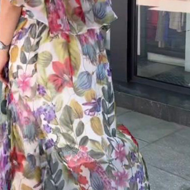 Damen nan luftiges Chiffon-Maxikleid mit floralem Print, gerafftem Rundhalsausschnitt und elastischem Taillenband Echo Archiv