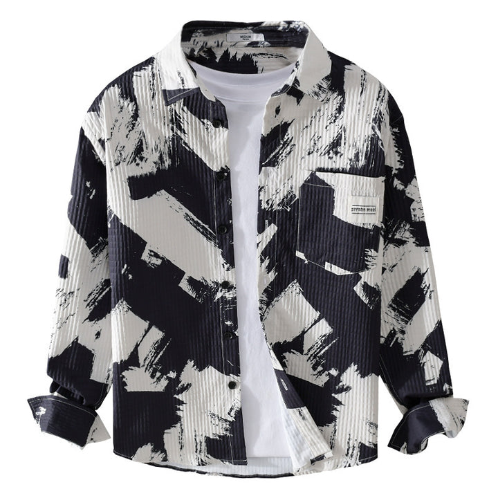 Herren Gekreppte Overshirt‑Hemdjacke mit abstraktem Pinselprint und Brusttasche Echoarchiv