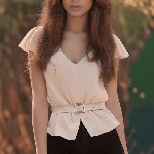 Damen Blusenshirt mit Taillengürtel und elegantem V-Ausschnitt Echo Archiv