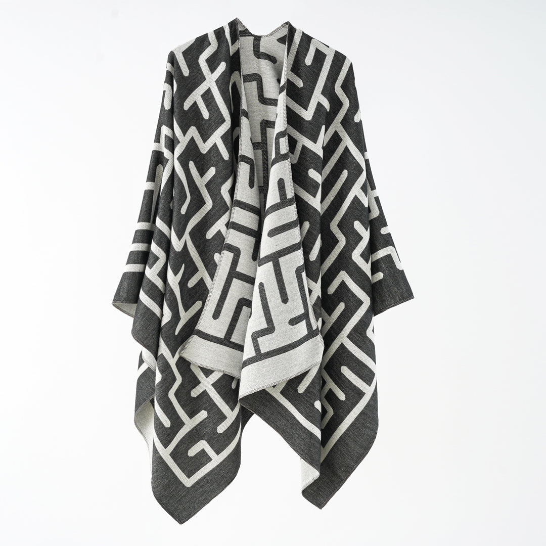 Damen Wendefreundlicher Jacquard-Capeponcho im Oversize mit grafischem Allovermuster Echo Archiv