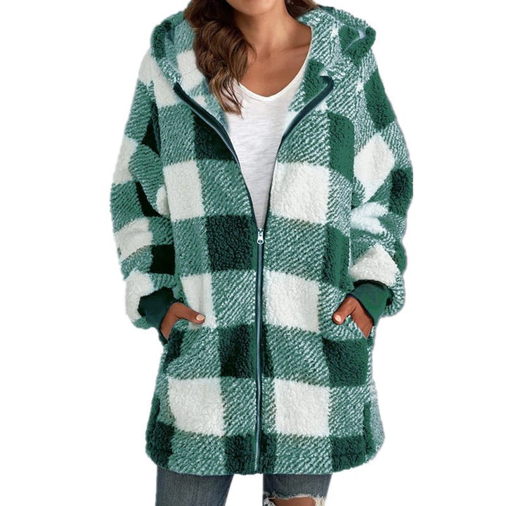Damen Kariertes Teddy-Fleece-Mantel mit Kapuze und Reißverschluss Echo Archiv