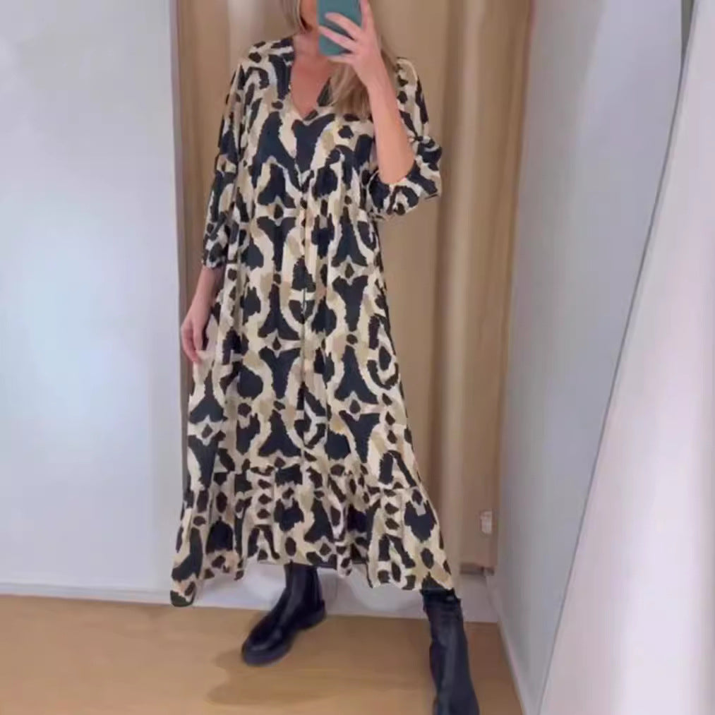 Damen nan weites Stufenmaxikleid mit V-Ausschnitt geraffter Brustpasse und Dreiviertelärmeln Echo Archiv