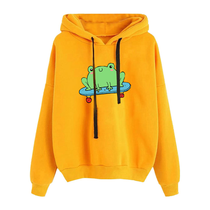 Damen kurz geschnittener Cropped-Kapuzenpullover mit niedlicher Frosch-Illustration und verstellbarer Kapuze – Auréline