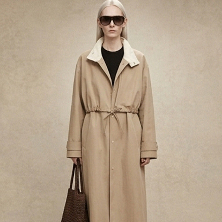 Damen Taillierter Mantel im Trenchcoat‑Stil mit Kordelzug‑Taille und Kontrastkragen Echoarchiv
