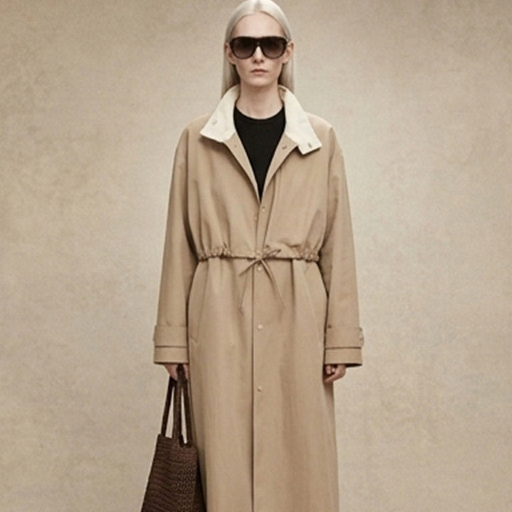 Damen Taillierter Mantel im Trenchcoat‑Stil mit Kordelzug‑Taille und Kontrastkragen Echoarchiv