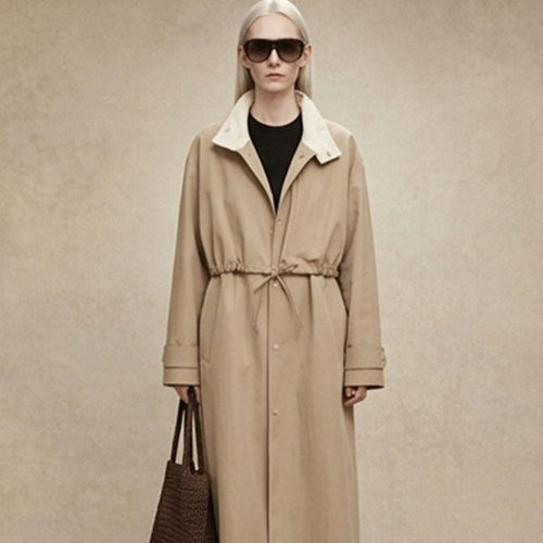 Damen Taillierter Mantel im Trenchcoat‑Stil mit Kordelzug‑Taille und Kontrastkragen Echoarchiv