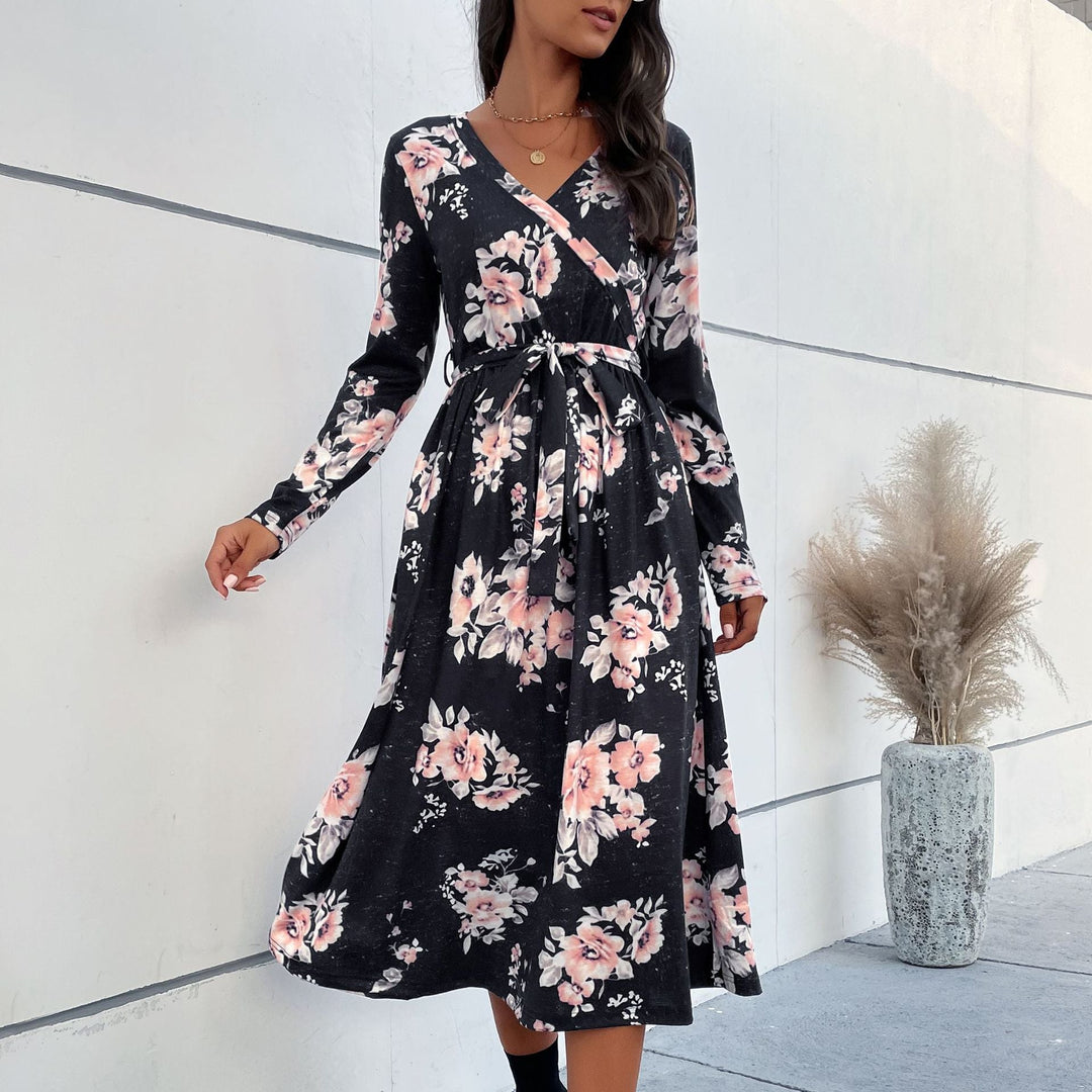 Damen Florales Wickel-Midikleid mit V-Ausschnitt, Taillengürtel und ausgestelltem Rock Echoarchiv