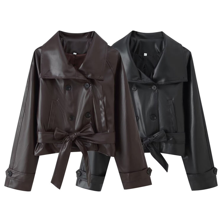 Damen 100+ Cropped Kunstleder-Trenchblouson mit doppelreihiger Knopfleiste und Taillengürtel Echo Archiv