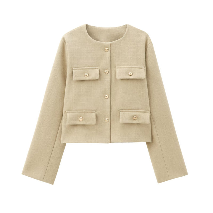 Damen kurz geschnittene Bouclé-Tweedjacke mit Rundhalsausschnitt Zierknopfdetails und aufgesetzten Pattentaschen – Célinea