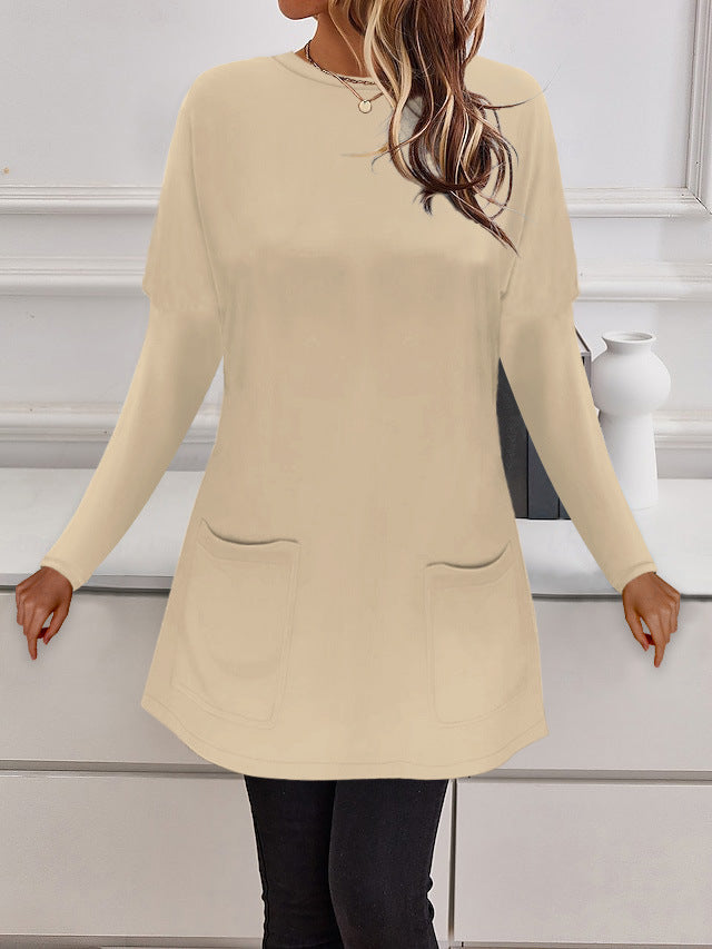 Damen Longline Feinstrick-Tunika mit Rundhalsausschnitt und aufgesetzten Taschen – Mavelle