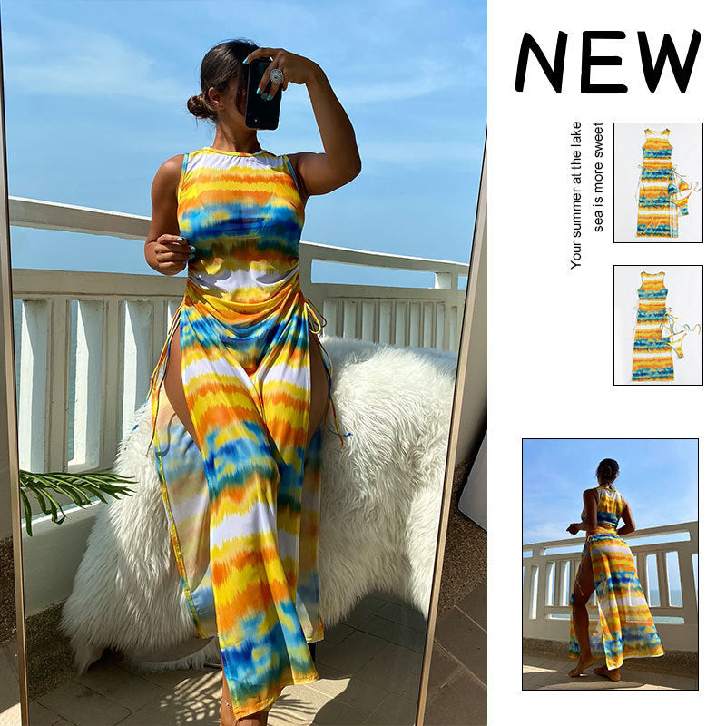 Damen Maxikleid mit modischem Wickeldesign und lebhaftem Tie-Dye-Muster Echo Archiv