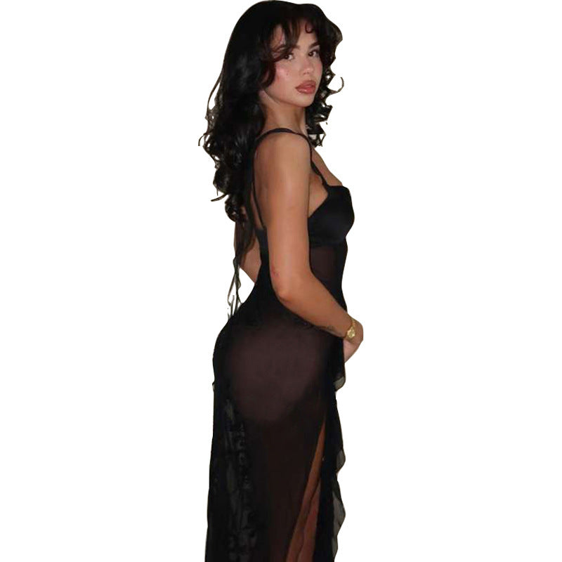 Damen Transparente Maxikleid mit asymmetrischen Fransen Echo Archiv