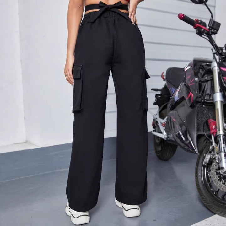 Damen utilitaristische Cargo-Hose mit V-förmigem Bund, weitem Bein und Cargotaschen Echo Archiv