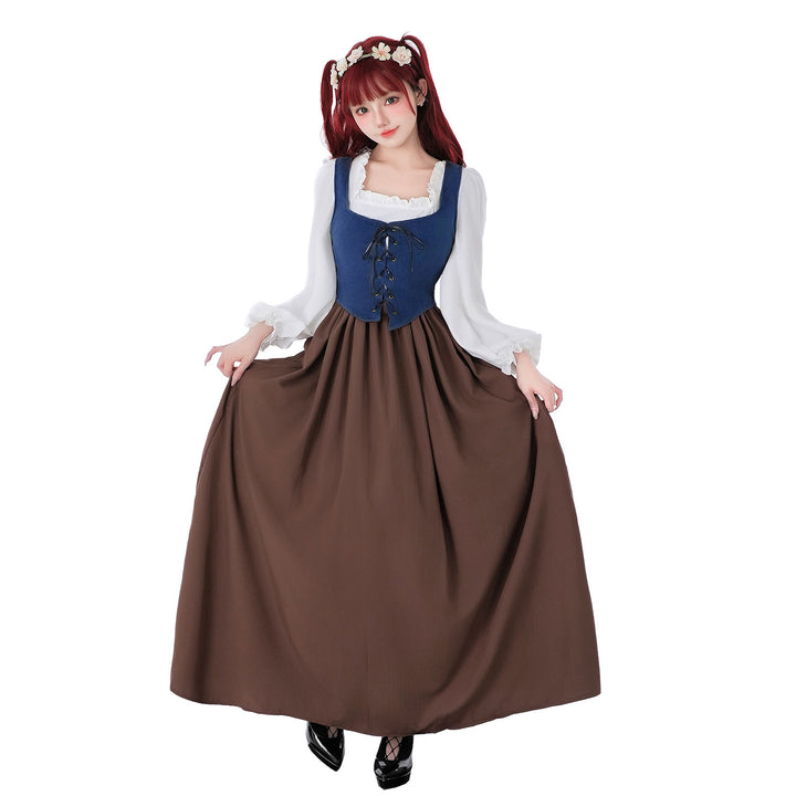 Damen nan mittelalterliches Dirndlkleid mit Schnürmieder, weiten Rüschenärmeln und bodenlangem Rock Echo Archiv
