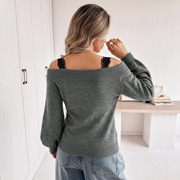 Damen Off-Shoulder Feinstrickpullover mit V-Rippkragen und Ballonärmeln – Mavelle