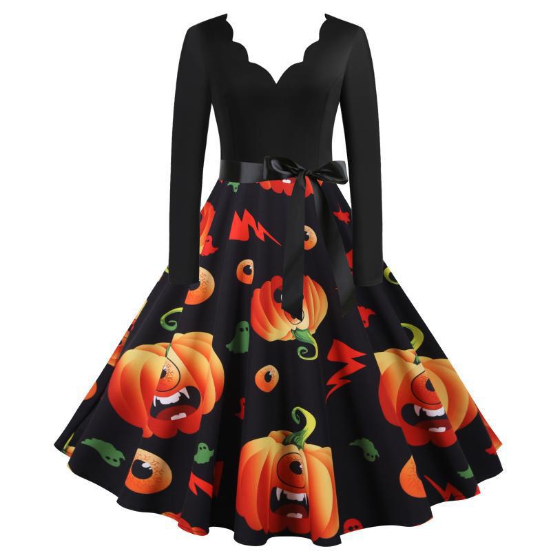 Damen Vintage Swing Kleid mit Halloween-Kürbis-Print und Taillengürtel – Élara